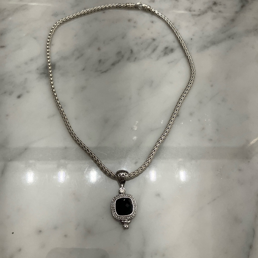 John Hardy Onyx Diamond Batu Mata Pendant with Iconic Wheat Chain Necklace RARE - Picture 3 of 8